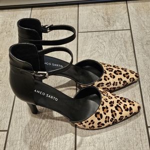 Franco Sarto Leopard Print and Black Ankle Strap Heels